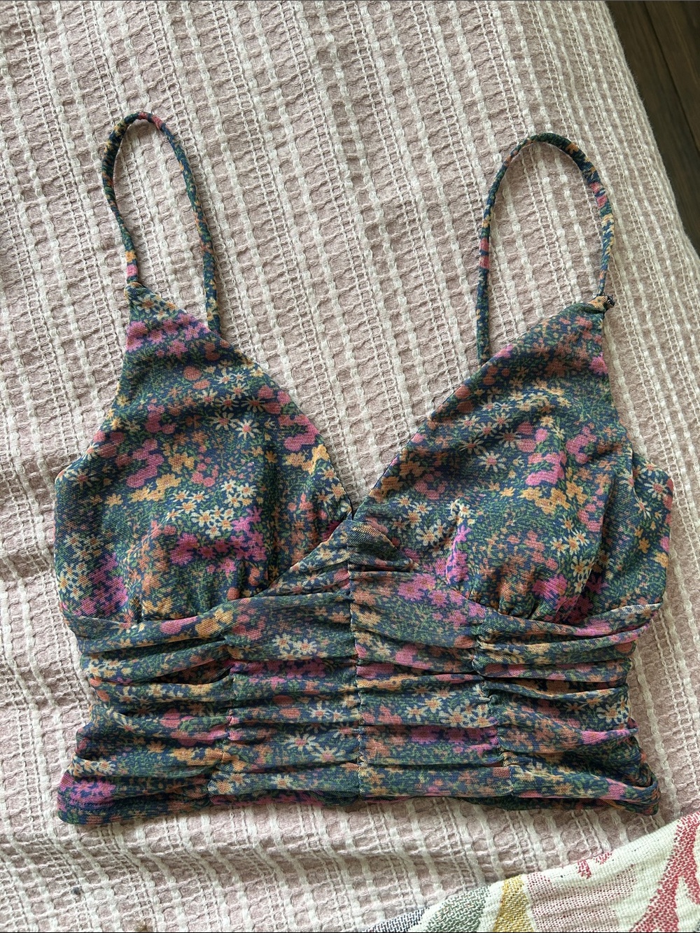 Urban Outfitters Green Floral Ruched Crop Cami